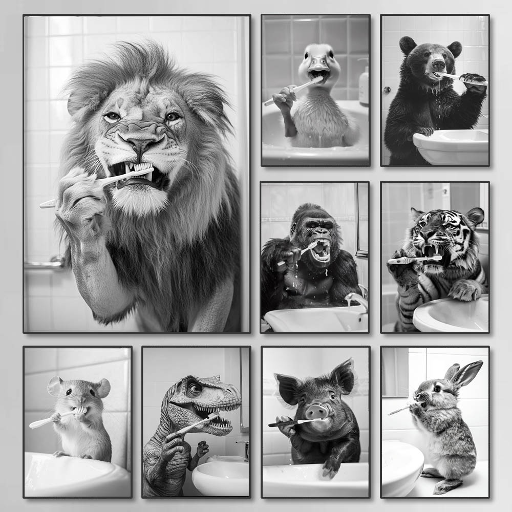 Photography Technique - Black White Funny Bathroom Brushing Teeth